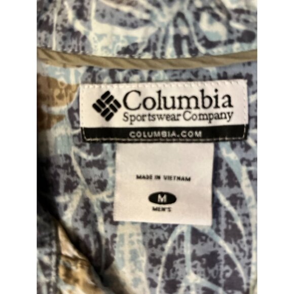 Columbia Camp Shirt Mens M Blue Tan Leaf Print Hawaiian Casual Summer Travel Y2K - Picture 10 of 16